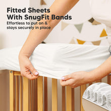 Load image into Gallery viewer, Fitted crib mattress protector with secure SnugFit elastic bands for stay-put coverage.