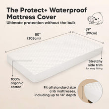 Load image into Gallery viewer, The Protect+ Waterproof Mattress Cover - Ultimate protection without the bulk. Size at 80" x 39", Fit all standard size crib mattresses including up to 14" depth. (100% organic cotton and Stretchy side trim)