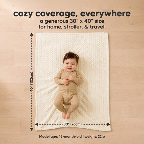 cozy coverage, everywhere - a generous 30" x 40" size for home, stroller, & travel. (Model age: 15-month-old | weight: 22lb)