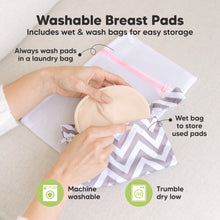 Load image into Gallery viewer, Washable Breast Pads that includes wet & wash bags for easy storage, machine washable, tumble dry low. Always wash pads in a laundry bag, Wet bag to store used pads.