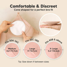 Load image into Gallery viewer, Comfortable & Discreet -Cone shaped for a perfect bra fit.
Medium: Fits 30A–36C, 4.6” / 11.7 cm
Large: Fits 32C–38D, 5” / 12.7 cm
X-Large: Fits 40B & above, 5.6” / 14.2 cm
Tip: Size down if between sizes