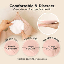 Load image into Gallery viewer, Comfortable & Discreet -Cone shaped for a perfect bra fit.
Medium: Fits 30A–36C, 4.6” / 11.7 cm
Large: Fits 32C–38D, 5” / 12.7 cm
X-Large: Fits 40B & above, 5.6” / 14.2 cm
Tip: Size down if between sizes