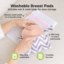 Load image into Gallery viewer, Washable Breast Pads that includes wet & wash bags for easy storage, machine washable, tumble dry low. Always wash pads in a laundry bag, Wet bag to store used pads.