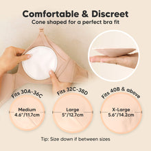 Load image into Gallery viewer, Comfortable & Discreet -Cone shaped for a perfect bra fit.
Medium: Fits 30A–36C, 4.6” / 11.7 cm
Large: Fits 32C–38D, 5” / 12.7 cm
X-Large: Fits 40B & above, 5.6” / 14.2 cm
Tip: Size down if between sizes