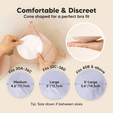 Load image into Gallery viewer, Comfortable & Discreet -Cone shaped for a perfect bra fit.
Medium: Fits 30A–36C, 4.6” / 11.7 cm
Large: Fits 32C–38D, 5” / 12.7 cm
X-Large: Fits 40B & above, 5.6” / 14.2 cm
Tip: Size down if between sizes
