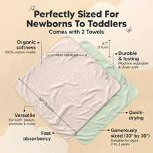 Load image into Gallery viewer, Perfectly sized hooded baby towels, set of two, 30" x 30", quick-drying, fast-absorbing, machine washable and dryer-safe for ages 0 to 2 years.