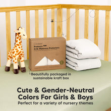 Load image into Gallery viewer, Cute gender-neutral colors mattress protector comes beautifully packaged in a sustainable kraft box.