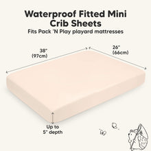 Load image into Gallery viewer, Waterproof fitted mini crib sheets fitting Pack ’N Play playard mattresses, 38 × 26 inches with up to 5-inch depth.