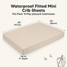 Load image into Gallery viewer, Waterproof fitted mini crib sheets fitting Pack ’N Play playard mattresses, 38 × 26 inches with up to 5-inch depth.