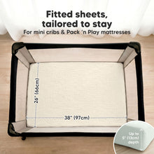 Load image into Gallery viewer, Fitted Sheets, Tailored To Stay - For mini cribs & Pack 'n Play mattresses (size 38" x 26" and fits up to 5" depth)