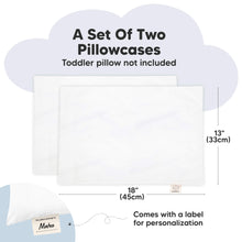 Load image into Gallery viewer, Set of two toddler pillowcases sized 13 x 18 inches with a built-in label for personalization.