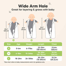 Load image into Gallery viewer, Wide Arm Hole (great for layering and grows with baby) - Small (0-6months, 6-17lbs weight, 23-26" length, 23.6" chest wide), Medium (6-18months, 15-26lbs weight, 26-30" length, 25.2" chest wide), Large (18-24months, 26-35lbs weight, 30-33" length, 25.3" chest wide)