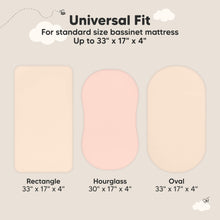 Load image into Gallery viewer, Universal fit bassinet protector designed for standard sizes up to 33 × 17 × 4 inches in rectangle, hourglass, and oval shapes.