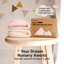 Load image into Gallery viewer, Your dream nursery awaits with gender-neutral waterproof bassinet sheets that come in a 2-pack and include a sustainable kraft gift box.