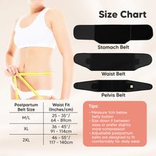 Load image into Gallery viewer, Size chart for postpartum belts with measurements and a woman measuring her waist.