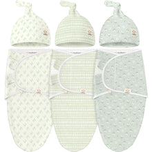 Load image into Gallery viewer, 3-Pack Soothe Swaddle Wraps with Knot Hats (Leafy)