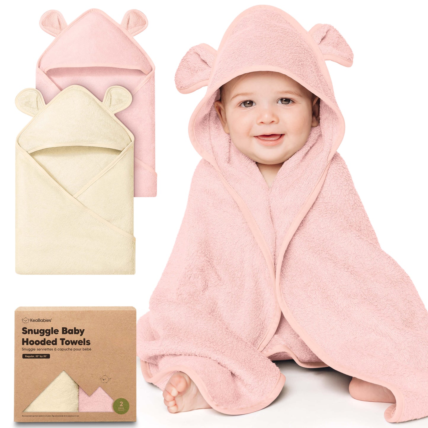 Snuggle baby hooded towels, 2-pack soft plush towels with bear-ear hoods.
30585540706490