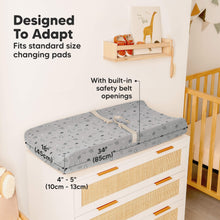 Load image into Gallery viewer, Designed To Adapt
Fits standard size changing pad
With built-in safety belt openings
18"(45cm) x 34"(85cm) x 4"-5" (10cm-13cm)