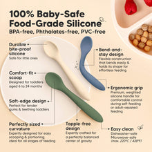 Load image into Gallery viewer, 100% Baby-Safe Food-Grade Silicone, BPA-free, phthalates-free, PVC-free, durable yet soft, comfort-fit scoop, soft-edge design, perfectly sized for easy portion feeding, bend-and-stay flexibility, ergonomic grip handle, easy to clean, dishwasher-safe, microwave-safe, freezer-safe.
