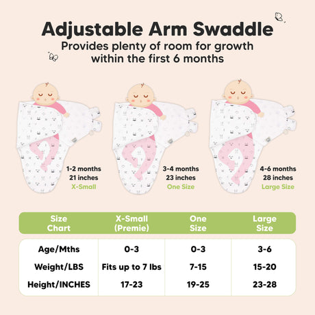Adjustable Arm Swaddle - Provides plenty of room for growth within the first 6 months (1-2 months, 21 inches X-Small) (3-4 months, 23 inches One Size) (4-6 months, 28 inches Large Size)