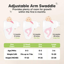Load image into Gallery viewer, Adjustable Arm Swaddle provides plenty of room for growth within the first 6 months, with sizes for 0–3 months and 3–6 months based on baby’s weight and height.