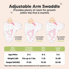 Load image into Gallery viewer, Adjustable Arm Swaddle
Provides plenty of room for growth within the first 6 months
X-Small (Premie)
Age 0-3 Months
Weight in lbs - Fits up to lbs
Height in inches - 17 to 23
One Size
Age 0-3 Months
Weight in lbs - 7 to 15
Height in inches - 19 to 25
Large
Age 3-6 Months
Weight in lbs - 15 to 20
Height in inches - 23 to 28
*Size chart refers to baby measurements & is for guidance only.