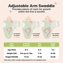 Load image into Gallery viewer, Adjustable Arm Swaddle
Provides plenty of room for growth within the first 6 months
X-Small (Premie)
Age 0-3 Months
Weight in lbs - Fits up to lbs
Height in inches - 17 to 23
One Size
Age 0-3 Months
Weight in lbs - 7 to 15
Height in inches - 19 to 25
Large
Age 3-6 Months
Weight in lbs - 15 to 20
Height in inches - 23 to 28
*Size chart refers to baby measurements & is for guidance only.