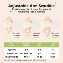 Load image into Gallery viewer, Adjustable Arm Swaddle
Provides plenty of room for growth within the first 6 months
X-Small (Premie)
Age 0-3 Months
Weight in lbs - Fits up to lbs
Height in inches - 17 to 23
One Size
Age 0-3 Months
Weight in lbs - 7 to 15
Height in inches - 19 to 25
Large
Age 3-6 Months
Weight in lbs - 15 to 20
Height in inches - 23 to 28
*Size chart refers to baby measurements & is for guidance only.