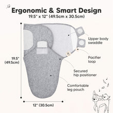 Load image into Gallery viewer, Ergonomic & Smart Design
19.5" x 12" (49.5cm x 30.5cm)
Upper body swaddle
Pacifier loop
Secured hip positioner
Comfortable leg pouch