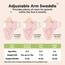 Load image into Gallery viewer, Adjustable Arm Swaddle
Provides plenty of room for growth within the first 6 months
X-Small (Premie)
Age 0-3 Months
Weight in lbs - Fits up to lbs
Height in inches - 17 to 23
One Size
Age 0-3 Months
Weight in lbs - 7 to 15
Height in inches - 19 to 25
Large
Age 3-6 Months
Weight in lbs - 15 to 20
Height in inches - 23 to 28
*Size chart refers to baby measurements & is for guidance only.