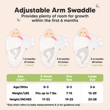Load image into Gallery viewer, Adjustable Arm Swaddle
Provides plenty of room for growth within the first 6 months
X-Small (Premie)
Age 0-3 Months
Weight in lbs - Fits up to lbs
Height in inches - 17 to 23
One Size
Age 0-3 Months
Weight in lbs - 7 to 15
Height in inches - 19 to 25
Large
Age 3-6 Months
Weight in lbs - 15 to 20
Height in inches - 23 to 28
*Size chart refers to baby measurements & is for guidance only.