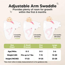 Load image into Gallery viewer, Adjustable Arm Swaddle
X-Small (Premie): 0-3 months, Fits up to 7 lbs, 17-23 inches in height. One Size: 0-3 months, Fits 7-15 lbs, 19-25 inches in height, Large Size: 3-6 months, 15-24 lbs, 23-28 inches in height
Size chart refers to baby measurements & is for guidance only.