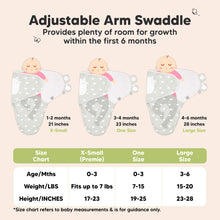 Load image into Gallery viewer, Adjustable arm swaddle size chart with baby illustrations and measurements.