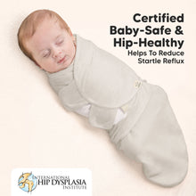 Load image into Gallery viewer, Baby sleeping in a swaddle with text about baby safety and hip health on a beige background.