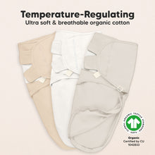Load image into Gallery viewer, Temperature-regulating organic cotton swaddles in beige, white, and gray on a light background.