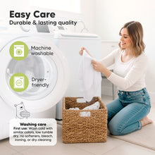 Load image into Gallery viewer, Woman sorting laundry with washing machine and text about fabric care.