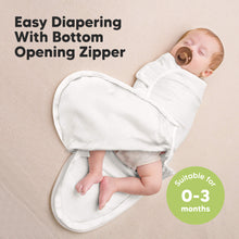 Load image into Gallery viewer, Baby swaddled in a white wrap with text about easy diapering and suitability for newborns.
