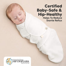 Load image into Gallery viewer, Newborn baby swaddled in a white blanket with text about baby safety and hip health on a beige background.