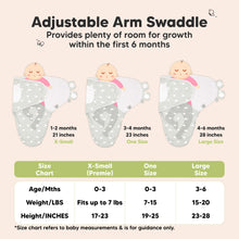 Load image into Gallery viewer, Adjustable arm swaddle size chart with baby illustrations and measurements.