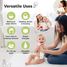 Load image into Gallery viewer, Versatile Uses
Bathing & wipe-downs
Feeding, drools & burping
Face wash & makeup removal
Diaper changes
On-the-go spills
Reusable napkin