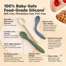 Load image into Gallery viewer, 100% Baby-Safe Food-Grade Silicone, BPA-free, phthalates-free, PVC-free, durable yet soft, comfort-fit scoop, soft-edge design, perfectly sized for easy portion feeding, bend-and-stay flexibility, ergonomic grip handle, easy to clean, dishwasher-safe, microwave-safe, freezer-safe.