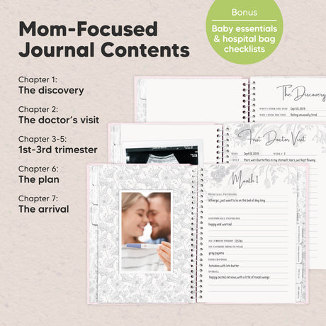 Mom-Focused Journal Contents: Chapter 1: The discovery, Chapter 2: The doctor’s visit, Chapter 3: 1st trimester, Chapter 4: The plan, Chapter 7: The arrival, Bonus: Baby essentials & hospital bag checklists