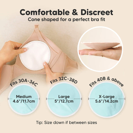Comfortable & Discreet - Cone shaped for a perfect bra fit. Fits 30A–36C: Medium (4.6" / 11.7cm), Fits 32C–38D: Large (5" / 12.7cm), Fits 40B & above: X-Large (5.6" / 14.2cm), Tip: Size down if between sizes
