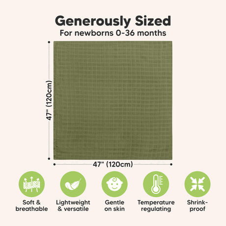 Generously Sized: For newborns 0–36 months, 47" x 47" (120cm x 120cm), Soft & breathable, Lightweight & versatile, Gentle on skin, Temperature regulating, Shrink-proof