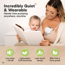 Load image into Gallery viewer, Incredibly Quiet & Wearable: Hands-free pumping anywhere, anytime, Low noise < 50 dB, Lightweight 0.54 lbs/pump, Leak-proof design, BPA-free & food-grade
