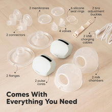 Load image into Gallery viewer, Comes With Everything You Need, 2 membranes, 6 silicone seal rings, 2 bra adjustment buckles, 2 connectors, 4 valves, 2 USB charging cables, 2 flanges, 2 pulse cores, 2 milk chambers.