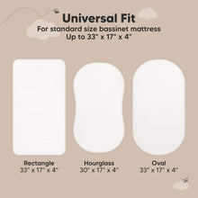 Load image into Gallery viewer, Universal fit bassinet protector designed for standard sizes up to 33 × 17 × 4 inches in rectangle, hourglass, and oval shapes.