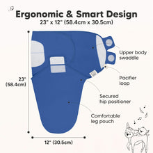 Load image into Gallery viewer, Ergonomic & Smart Design
23" x 12" (58.4cm x 30.5cm)
Upper body swaddle
Pacifier loop
Secured hip positioner
Comfortable leg pouch