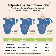 Load image into Gallery viewer, Adjustable Arm Swaddle
Provides plenty of room for growth within the first 6 months
X-Small (Premie)
Age 0-3 Months
Weight in lbs - Fits up to lbs
Height in inches - 17 to 23
One Size
Age 0-3 Months
Weight in lbs - 7 to 15
Height in inches - 19 to 25
Large
Age 3-6 Months
Weight in lbs - 15 to 20
Height in inches - 23 to 28
*Size chart refers to baby measurements & is for guidance only.