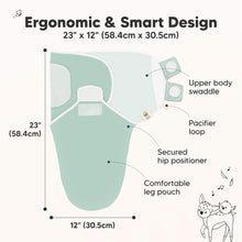 Load image into Gallery viewer, Ergonomic & Smart Design
23" x 12" (58.4cm x 30.5cm)
Upper body swaddle
Pacifier loop
Secured hip positioner
Comfortable leg pouch